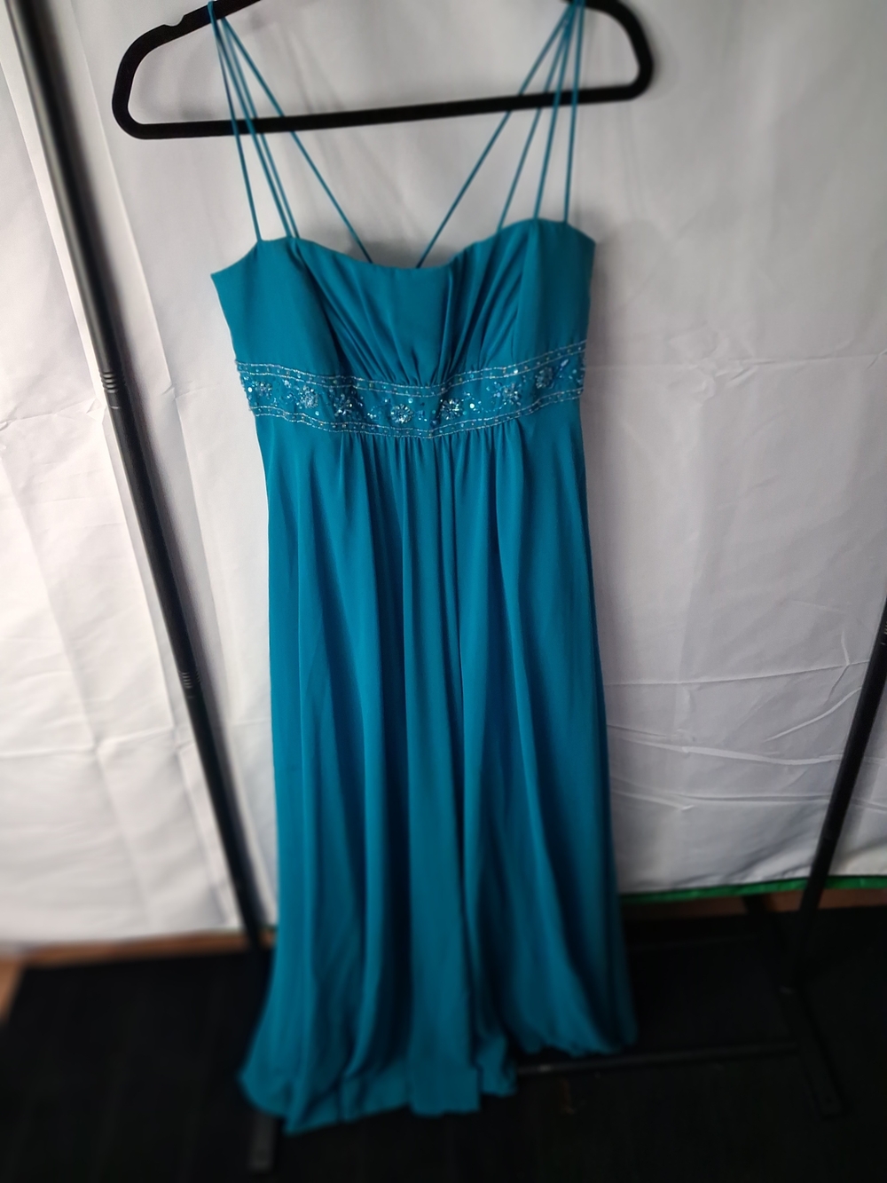 David's Bridal Teal Double-Strap Prom Gown with Beaded Waistband